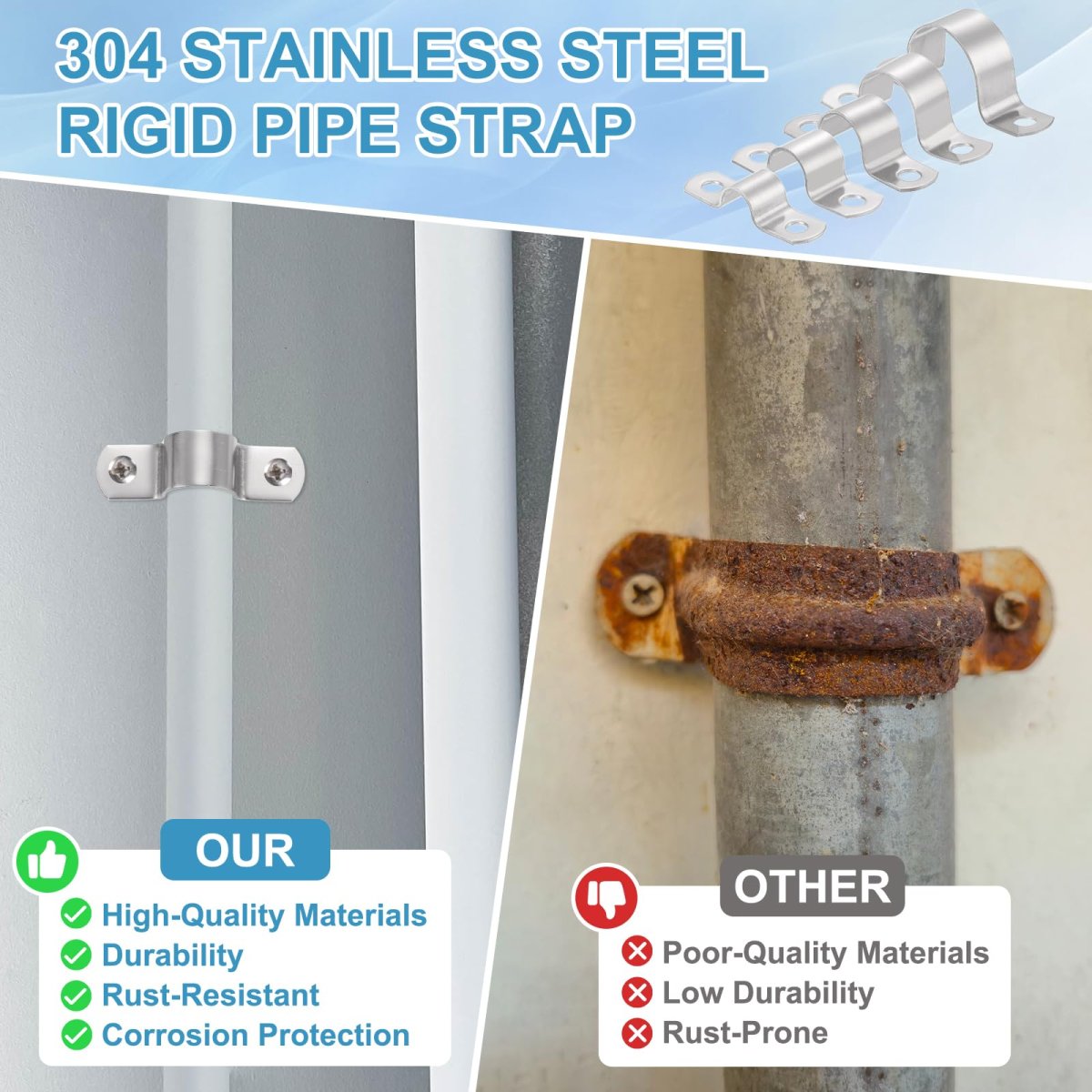 4pcs 57mm 2-1 4 Two Hole Rigid Pipe Strap 304 Stainless Steel Conduit Clamp Thicken U Bracket Heavy Duty With Self-tapping