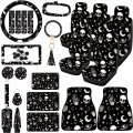 26 Pieces Skeleton Cat Moon And Stars Car Seat Cover Full Set For Women Men Rubber Steering Wheel License Plate Frame Mirror 