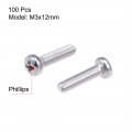 Uxcell M3x12mm Machine Screws Pan Phillips Cross Head Screw 304 Stainless Steel Fasteners Bolts 100pcs