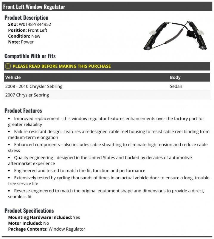 Front Left Driver Side Power Window Regulator Assembly Includes Mounting Hardware For 2007-2010 Chrysler Sebring Sedan