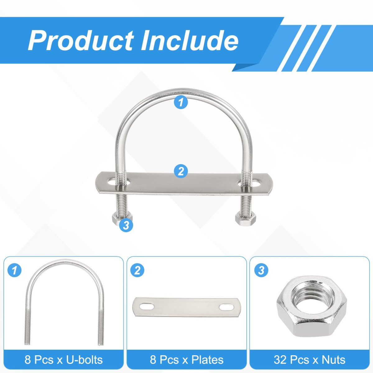 M6 U-bolts 8 Sets 51mm 2 01 Inner Width 72mm Length 304 Stainless Steel Round Bend U Clamp With Nuts And Plates For Ski Boat