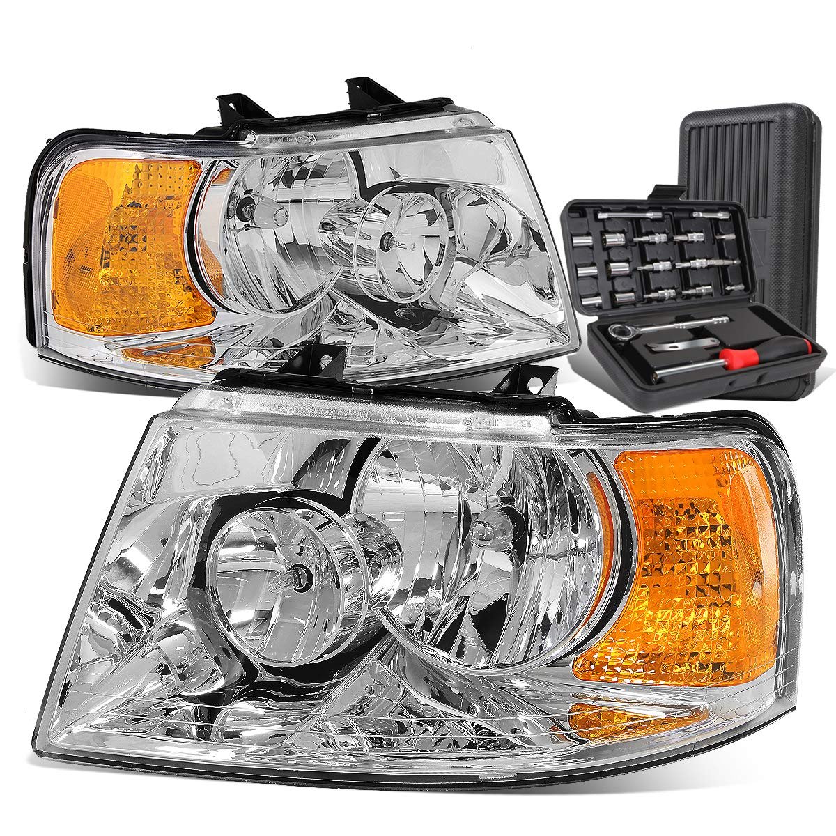 Auto Dynasty Oe Style Chrome Housing Amber Corner Headlight Lamps Tool Kit For Ford Expendition 03-06