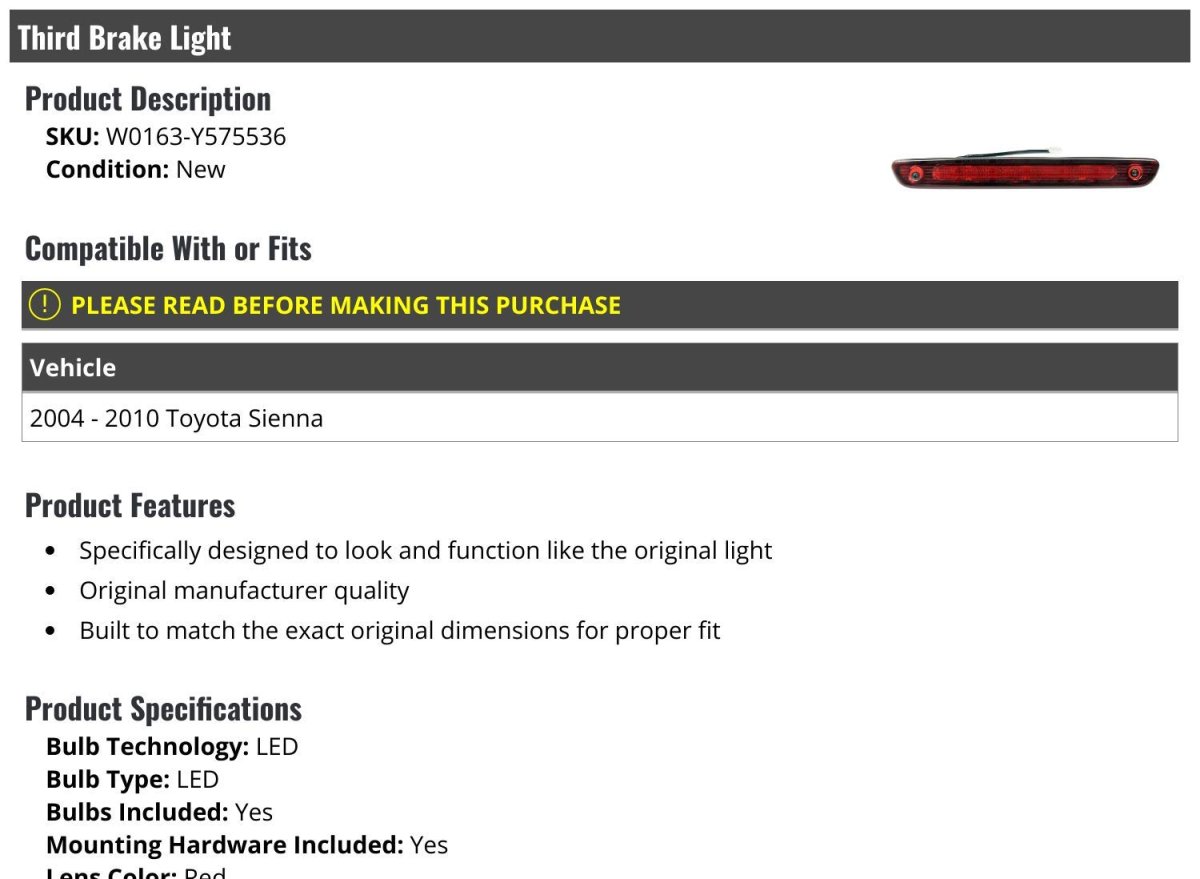 3rd Brake Light Lens For 2004-2010 Toyota Sienna
