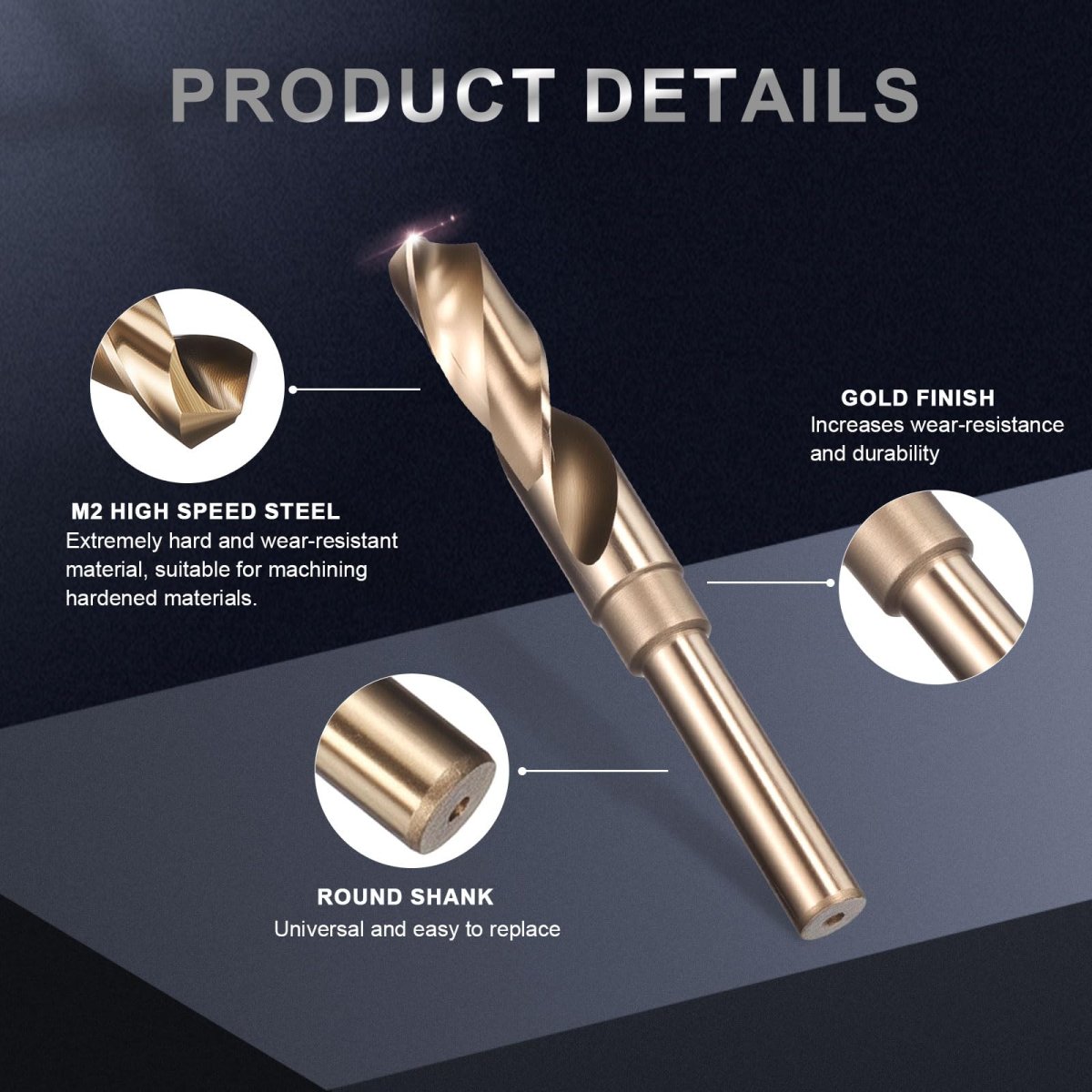 18 5mm Reduced Shank Drill Bit 1 2 In Round M2 High Speed Steel Gold Finish 135 Degrees Split Point For Hard Metal And