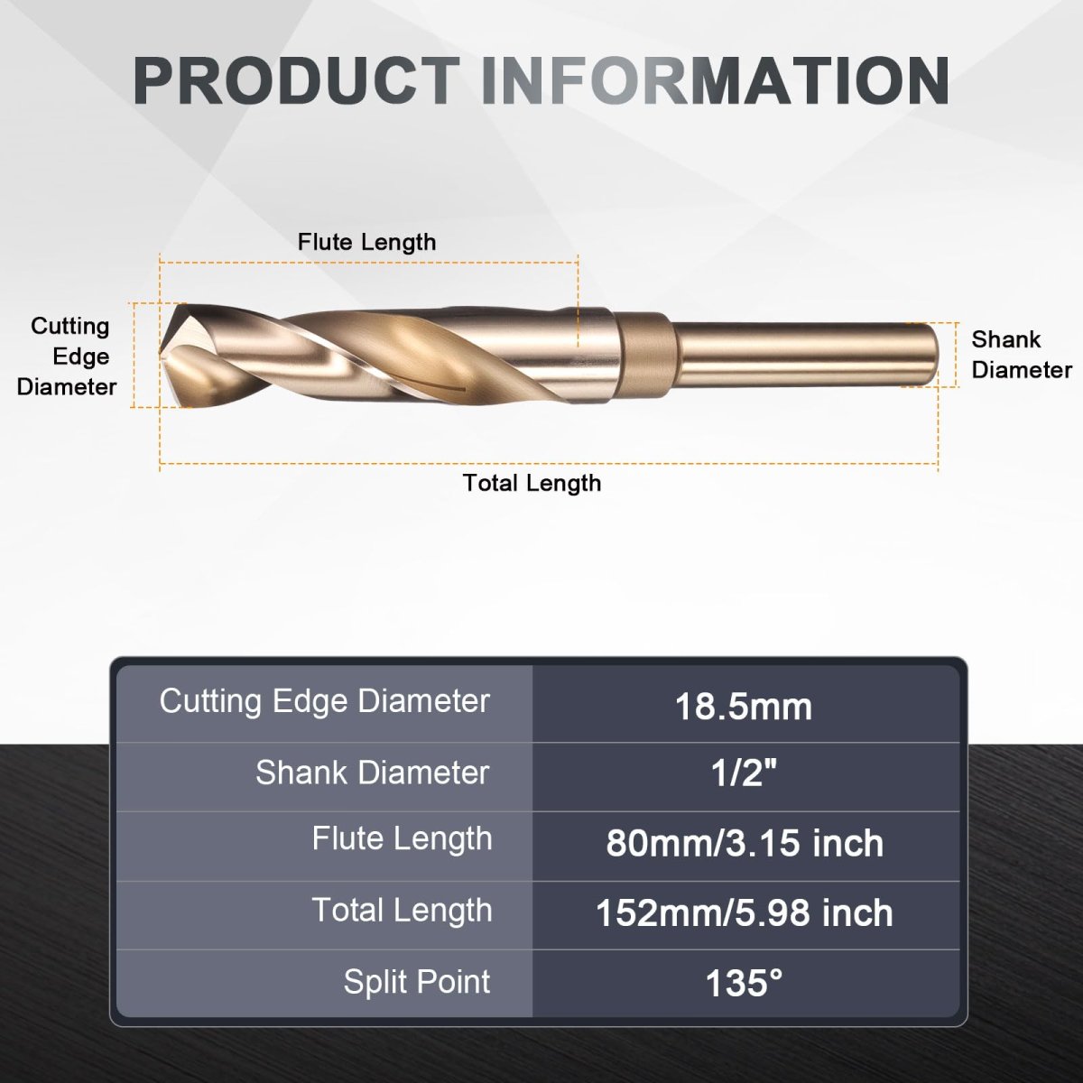 18 5mm Reduced Shank Drill Bit 1 2 In Round M2 High Speed Steel Gold Finish 135 Degrees Split Point For Hard Metal And