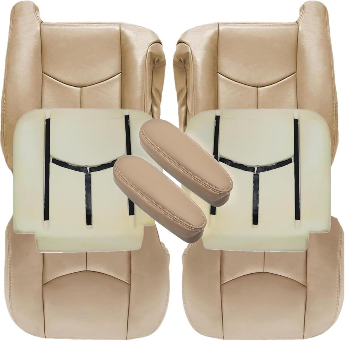 Tan Front Driver Passenger Bottom Top Lean Back Foam Cushion Armest Leather Seat Covers For Chevy Silverado Gmc Sierra 1500