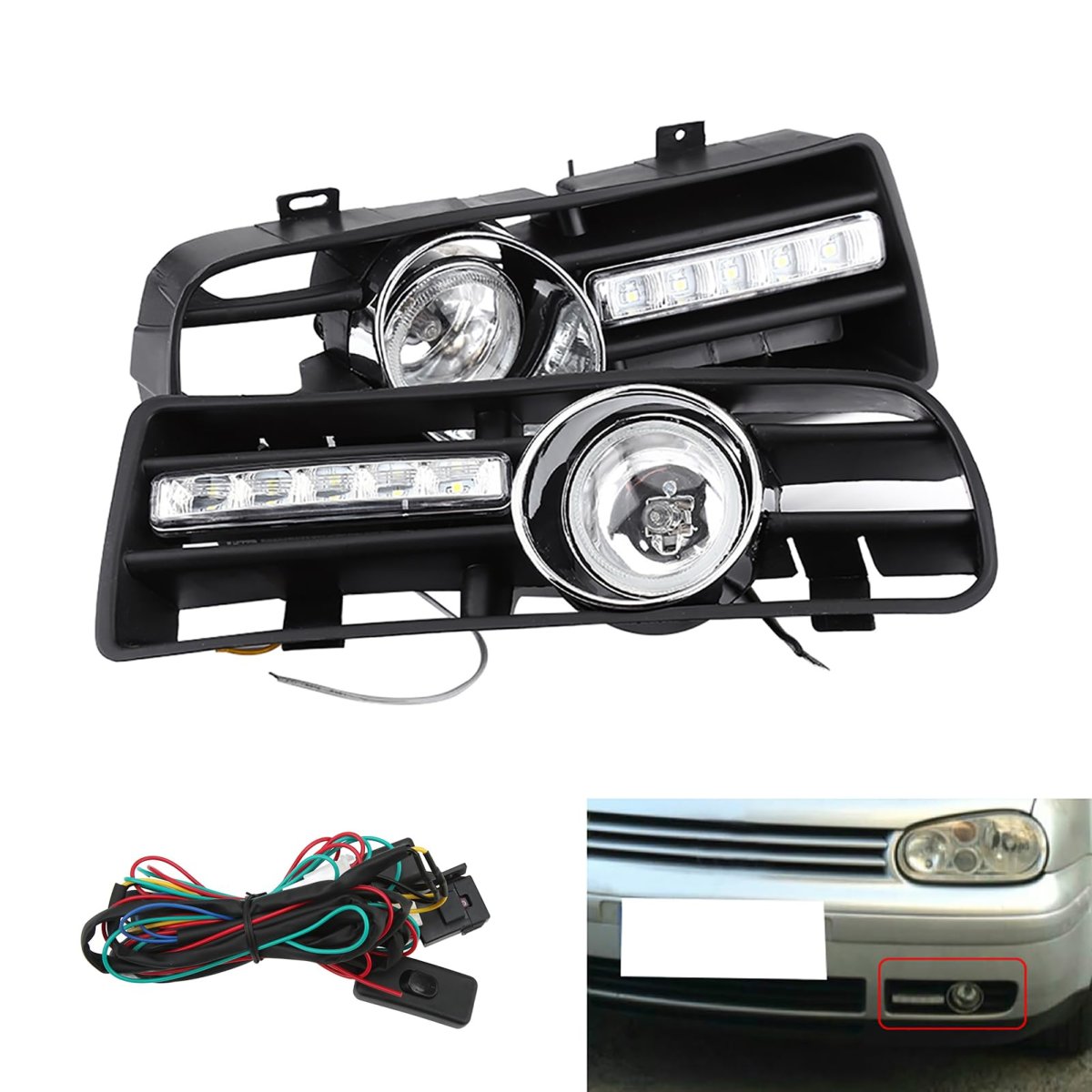 2pcs Led Drl Fog Light Grilles For 1997-2006 Tdi Mk4 H3 Bulb Replacement Daytime Running Kit