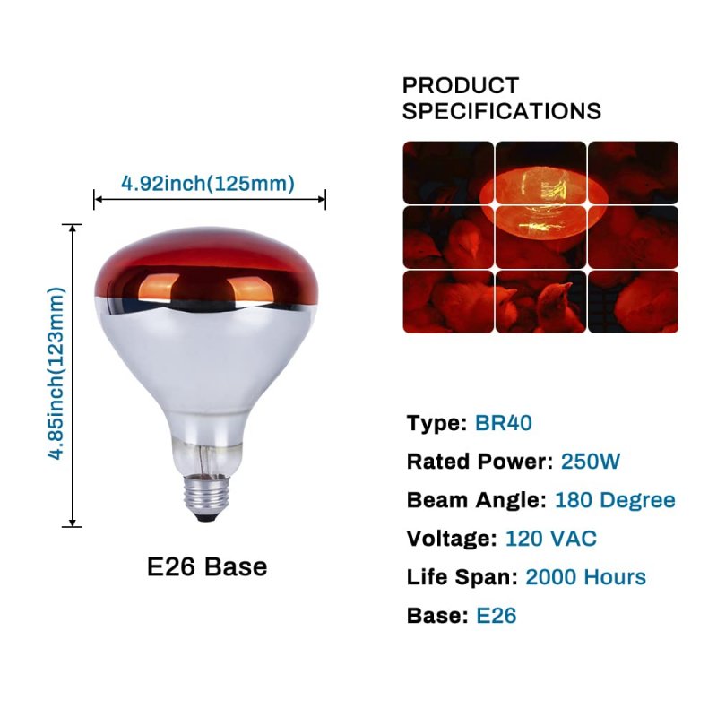 Incandescent Heat Lamp 250 Watts Infrared Bulb For Therapy Bathroom Recessed Lighting Pet Brooder And Agricultural Use R125 E26