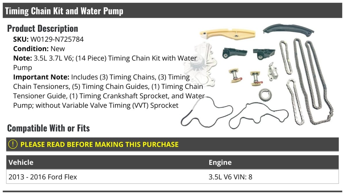 Timing Chain Kit And Water Pump For 2013 2016 Ford Flex 3 5l V6 Vin 8 14 Piece Set With Chains Tensioners Guides Crankshaft