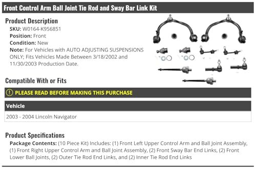 Front Upper Control Arm Ball Joint Tie Rod End And Sway Bar Link Kit 10 Piece For 2003 2004 Lincoln Navigator Auto Adjusting