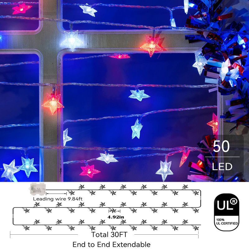 Patriotic Red White Blue Star String Lights 50 Led Battery Operated 30ft Waterproof 8 Modes For 4th Of July Independence Day