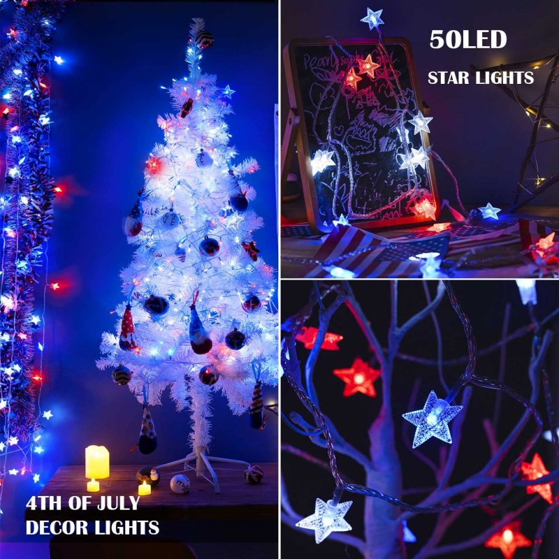Patriotic Red White Blue Star String Lights 50 Led Battery Operated 30ft Waterproof 8 Modes For 4th Of July Independence Day