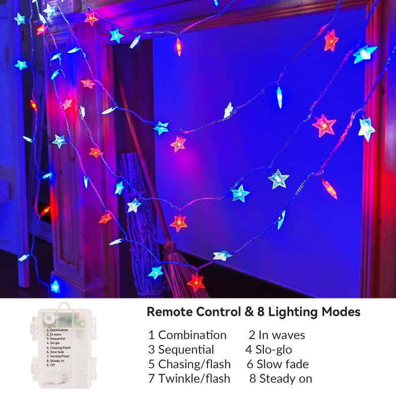 Patriotic Red White Blue Star String Lights 50 Led Battery Operated 30ft Waterproof 8 Modes For 4th Of July Independence Day