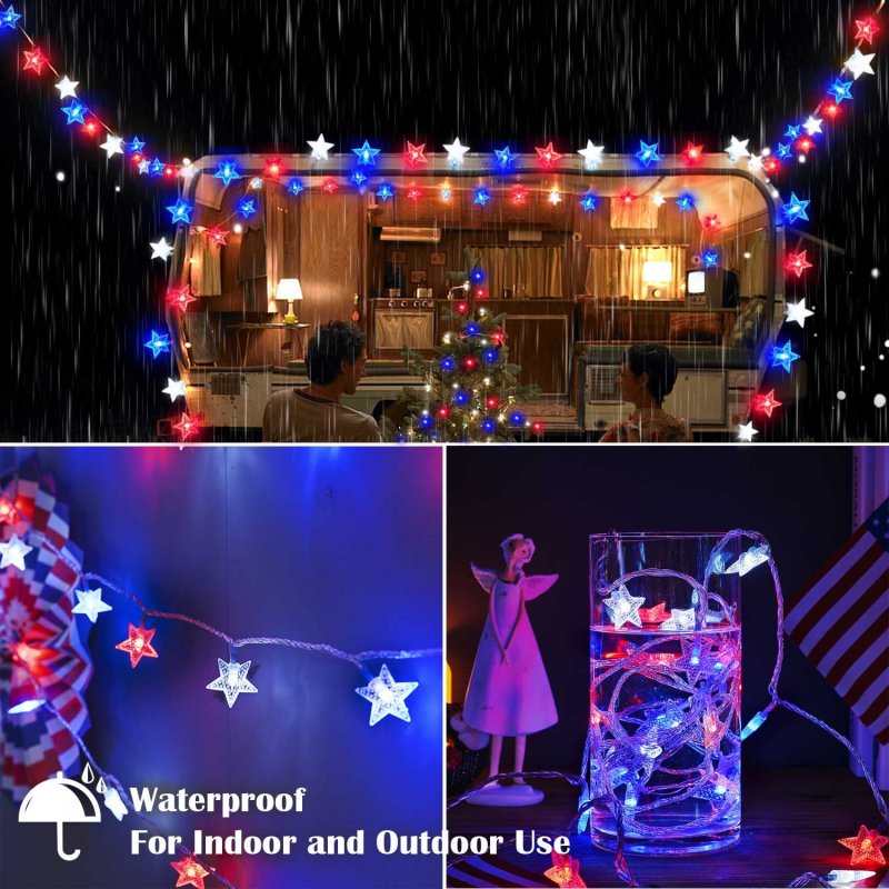 Patriotic Red White Blue Star String Lights 50 Led Battery Operated 30ft Waterproof 8 Modes For 4th Of July Independence Day