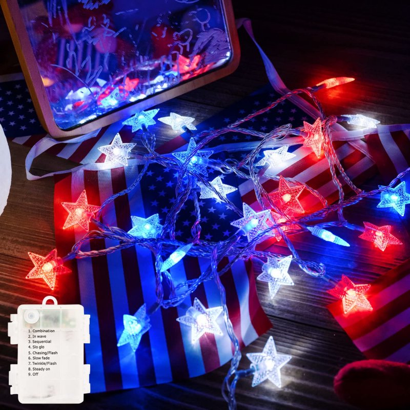Patriotic Red White Blue Star String Lights 50 Led Battery Operated 30ft Waterproof 8 Modes For 4th Of July Independence Day