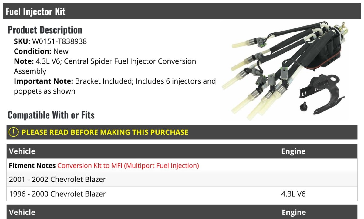 Fuel Injector Kit For 1996-2005 Chevy Blazer 4 3l V6