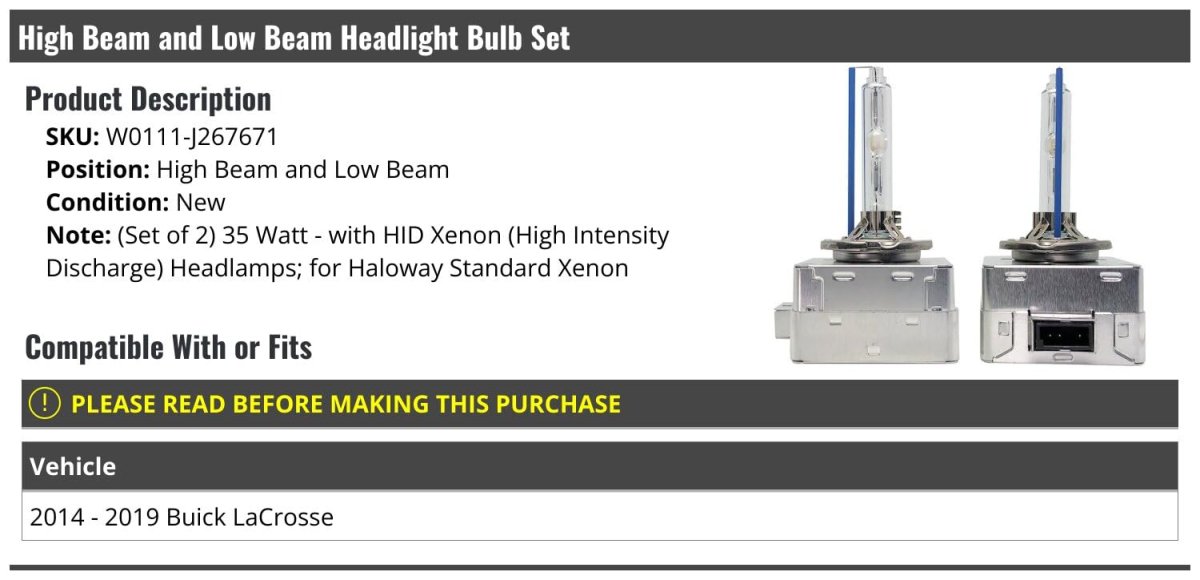 High Beam And Low Headlight Bulb Set For 2014-2019 Buick Lacrosse