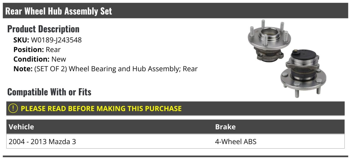 Rear Wheel Bearing Hub Assembly Set Of 2 For 2004-2013 Mazda 3 With 4-wheel Abs