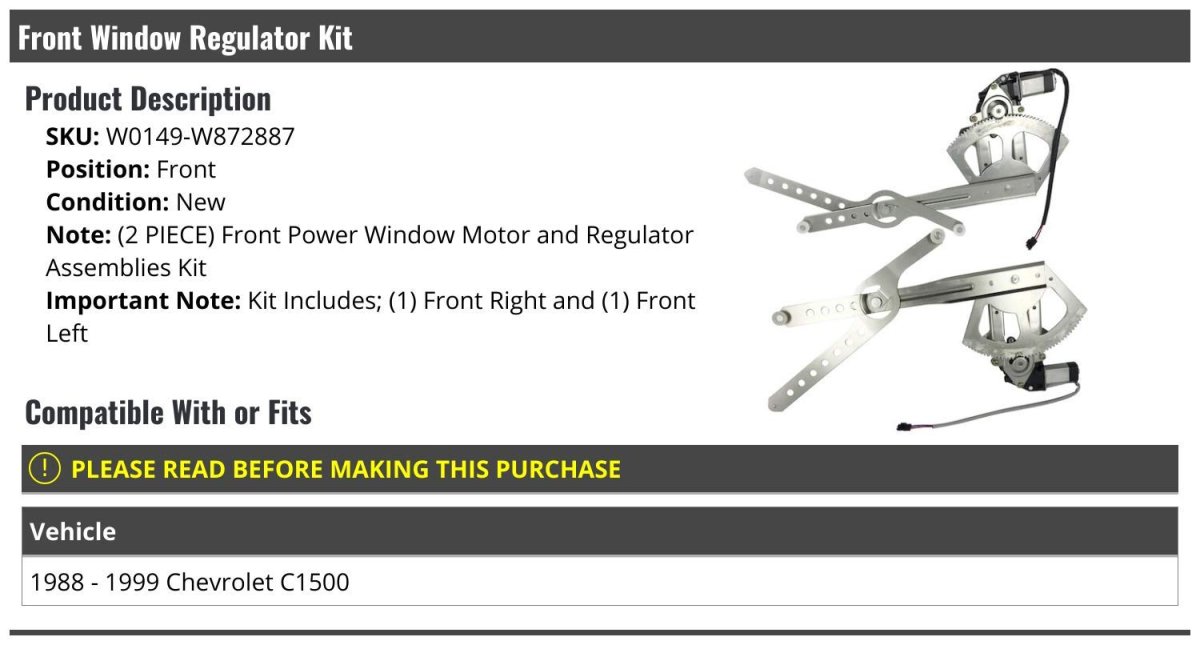 Front Window Power Regulator And Motor Assembly Kit Left Right Compatible With 1988-1999 Chevy C1500