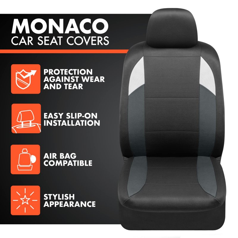 Monaco Car Seat Covers Full Set Gray Tri Tone Front And Split Rear Bench Universal Fit For Cars Trucks Suv Van Polycloth