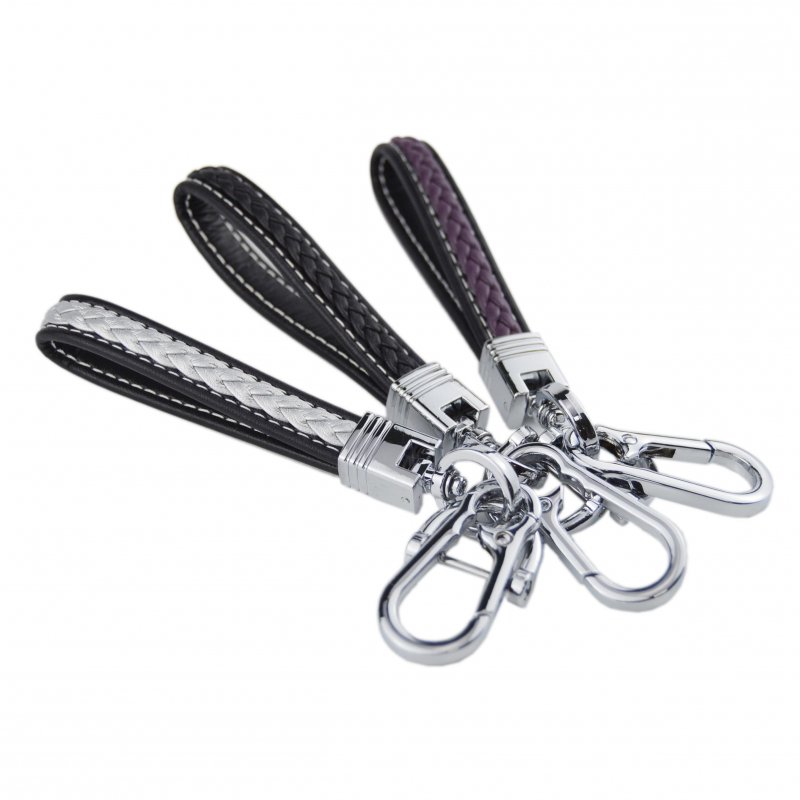 Braided Leather Keychain With Chrome D Ring And Hook 2 Layer Real Classic Design For Car Key Fobs Black