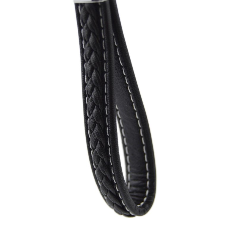 Braided Leather Keychain With Chrome D Ring And Hook 2 Layer Real Classic Design For Car Key Fobs Black