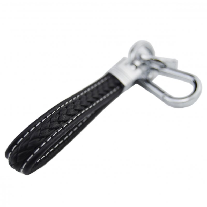 Braided Leather Keychain With Chrome D Ring And Hook 2 Layer Real Classic Design For Car Key Fobs Black