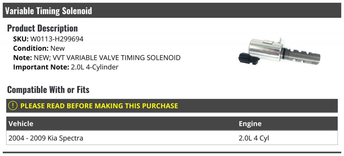 Variable Timing Vvt Solenoid For 2004-2009 Kia Spectra 2 0l 4-cylinder