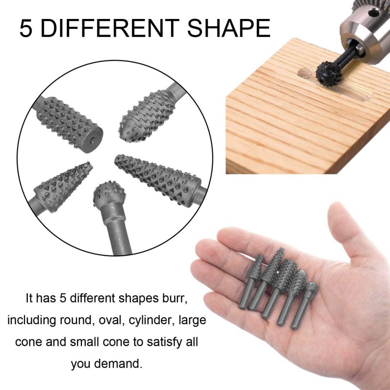 Rotary Burr Rasp Set 5pcs Wood Carving File Drill Bits 1 4 Inch Round Shank Chisel Shaped Embossed Grinding Head Diy