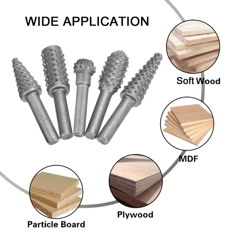 Rotary Burr Rasp Set 5pcs Wood Carving File Drill Bits 1 4 Inch Round Shank Chisel Shaped Embossed Grinding Head Diy