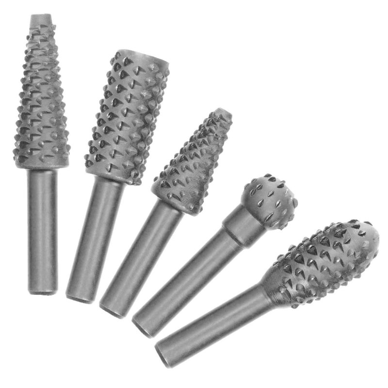 Rotary Burr Rasp Set 5pcs Wood Carving File Drill Bits 1 4 Inch Round Shank Chisel Shaped Embossed Grinding Head Diy