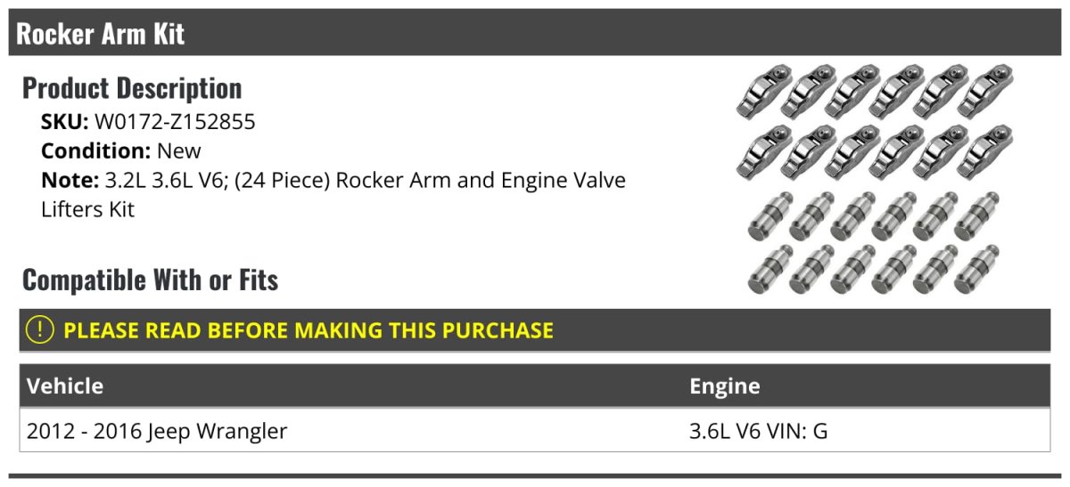 Rocker Arm And Engine Valve Lifters Kit 24-piece For 2012-2016 Jeep Wrangler 3 6l V6 Vin G