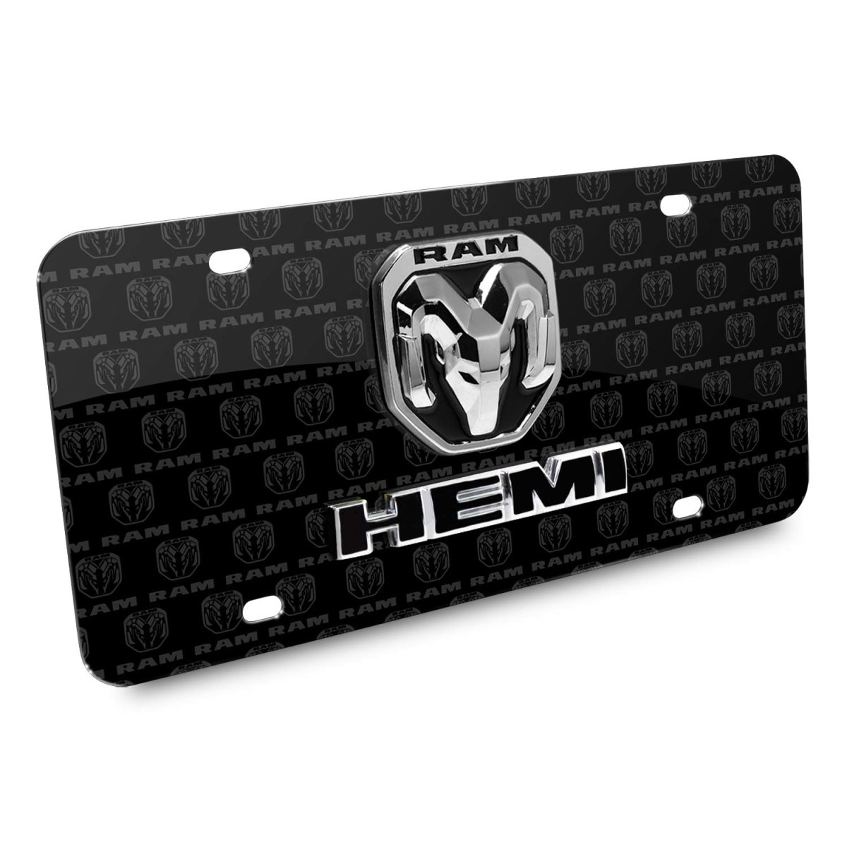 Ram Hemi Dual Logo 3d On Pattern Black Aluminum License Plate Official Licensed 11 88 In X 6