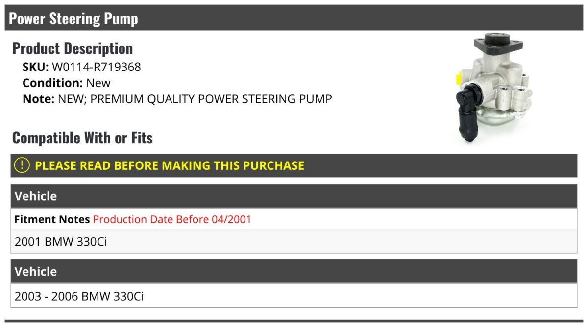 Power Steering Pump For Bmw 330ci 2001 Before April And 2003 To 2006 Models Silver W0114-r719368