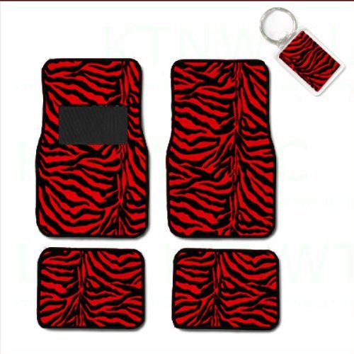 Universal Fit Animal Print Carpet Floor Mats For Cars And Trucks Zebra Red Set Of 4 With Matching Key Fob