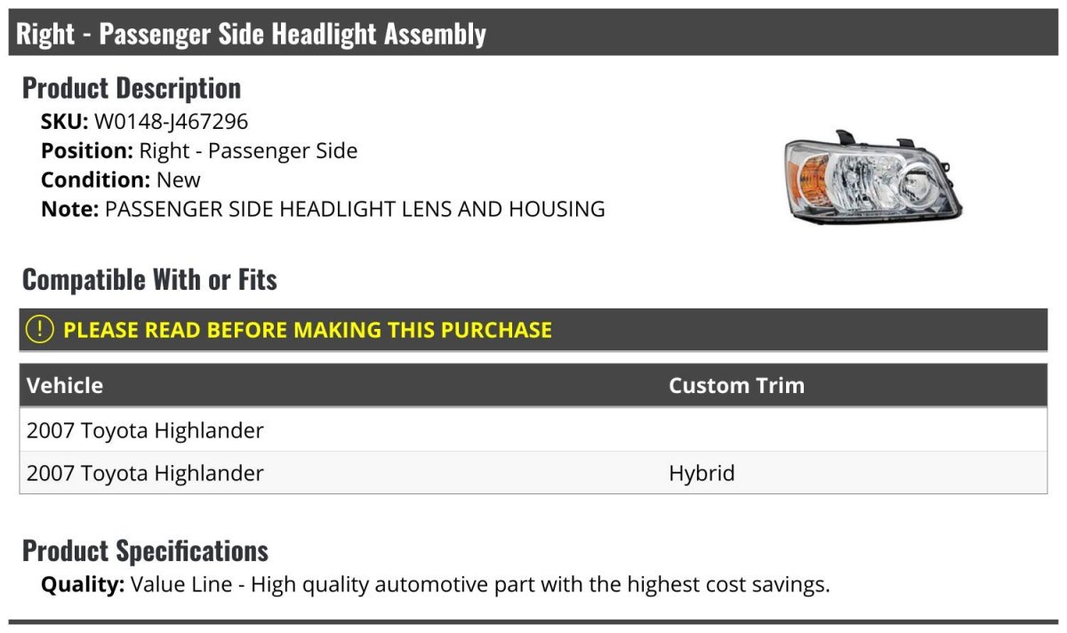 Right Passenger Side Headlight Assembly For 2007 Toyota Highlander