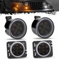 Partsam Jk Turn Signal Lights Side Marker Light White Halo Ring Smoked Lens Front Parking Amber Driving Replacement For Jeep 