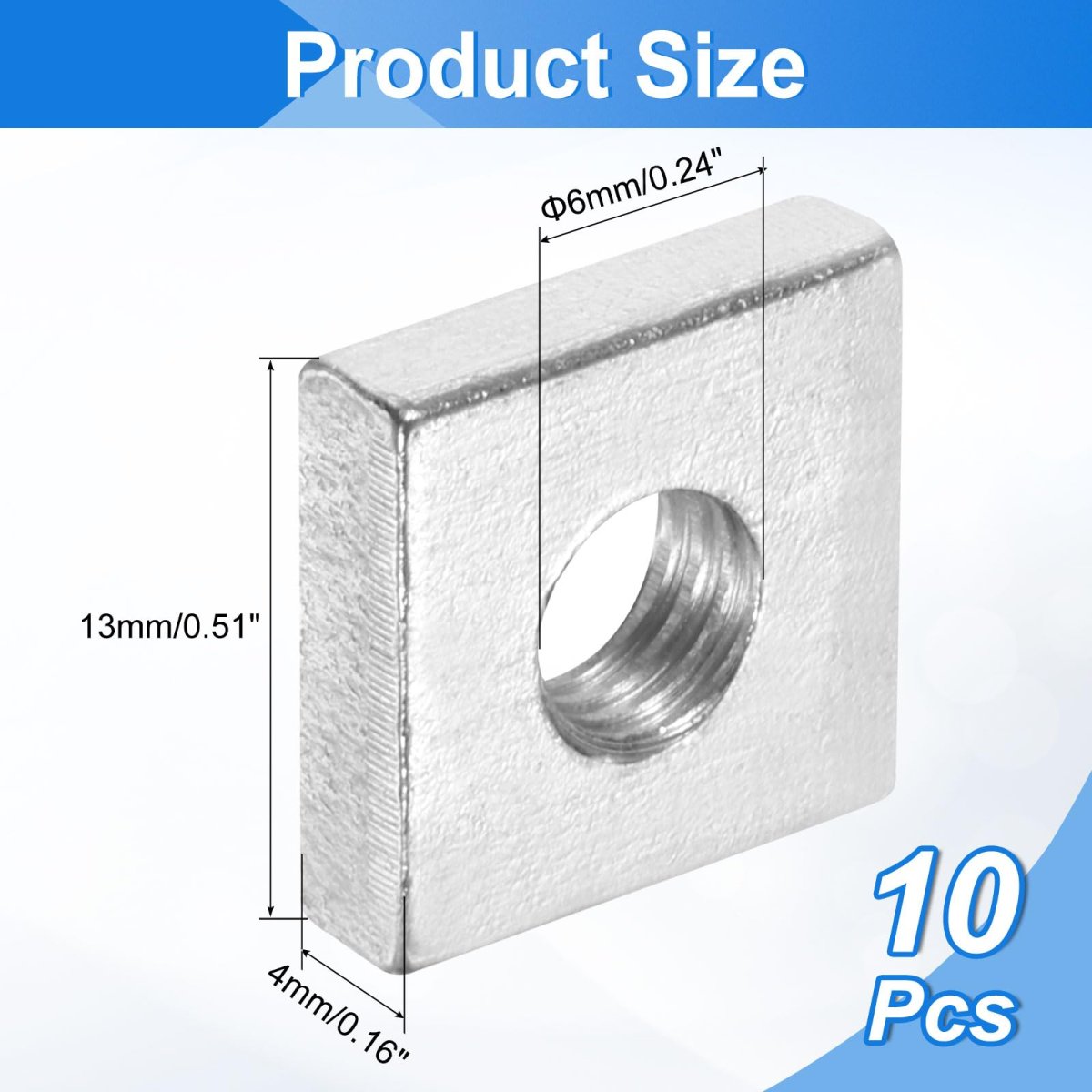 10pcs M6x13mmx4mm Square Nuts Carbon Steel Zinc Plated Coarse Thread Fasteners For Home Repairs And Professional Engineering