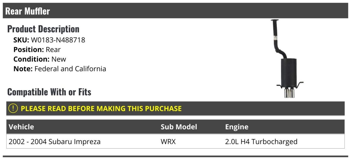 Rear Muffler For 2002 2004 Subaru Impreza Wrx 2 0l H4 Turbocharged Federal And California Compliant