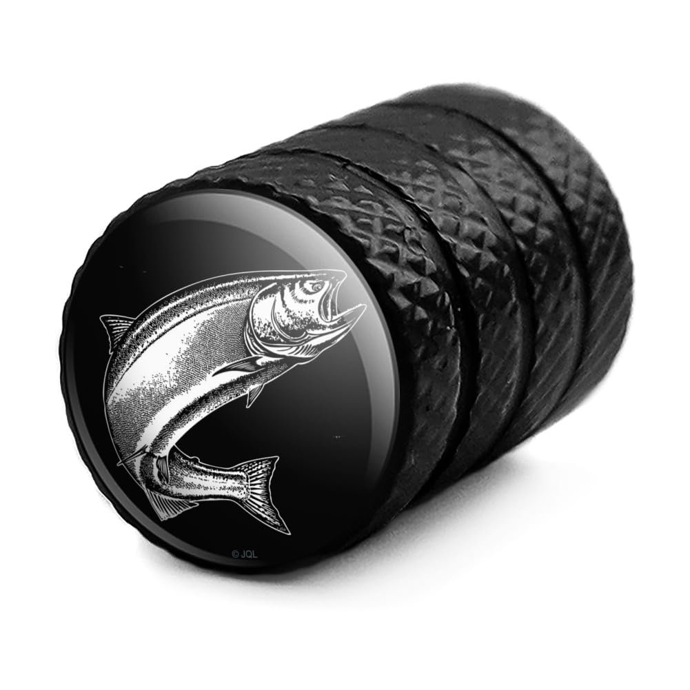 Salmon Fishing Illustration Valve Stem Caps For Tire Rim Wheel Black Aluminum Schrader Type Air Covers 4 Piece Set