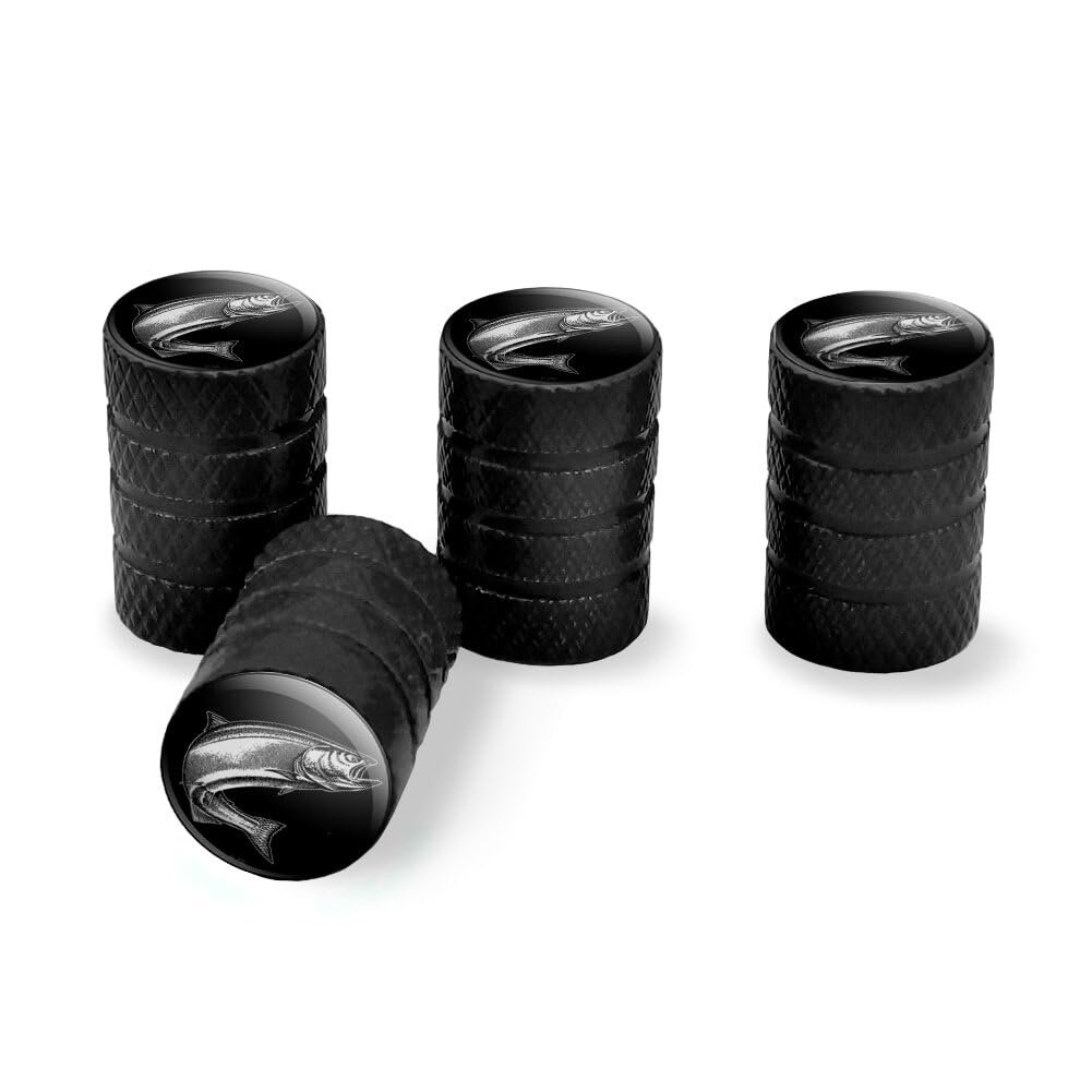 Salmon Fishing Illustration Valve Stem Caps For Tire Rim Wheel Black Aluminum Schrader Type Air Covers 4 Piece Set