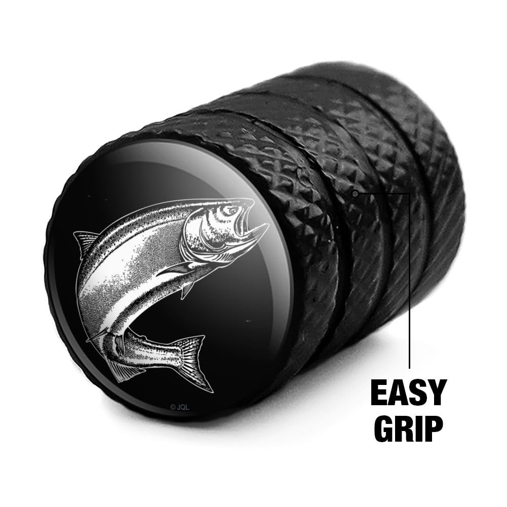 Salmon Fishing Illustration Valve Stem Caps For Tire Rim Wheel Black Aluminum Schrader Type Air Covers 4 Piece Set