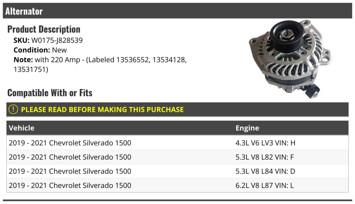 Alternator 220 Amp For 2019-2021 Chevy Silverado 1500