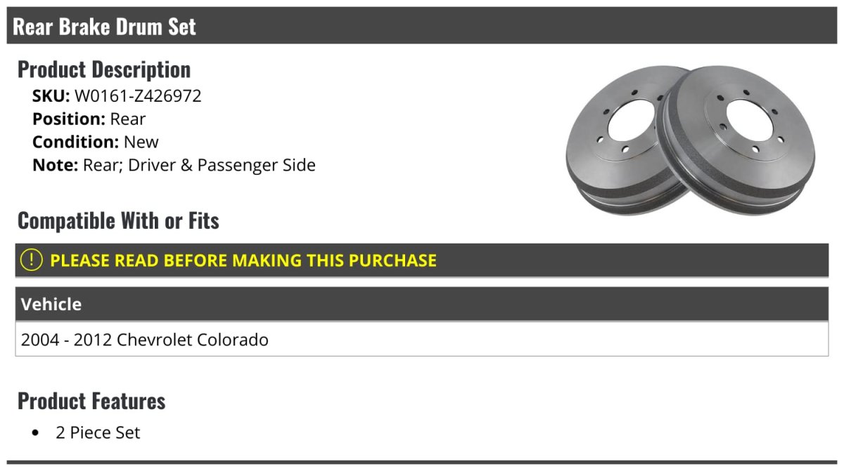 Rear Brake Drum Set Of 2 For 2004-2012 Chevy Colorado
