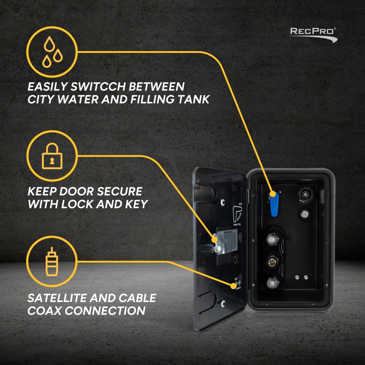 Rv Docking Station Recessed Water And Utility Panel With Quick Connect Shower City Tank Fill Dual Coax Connections Black