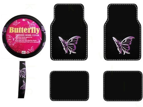 A Set Of 4 Universal Fit Plush Carpet Floor Mats And 1 Comfort Grip Steering Wheel Cover Multiple Purple Butterflies