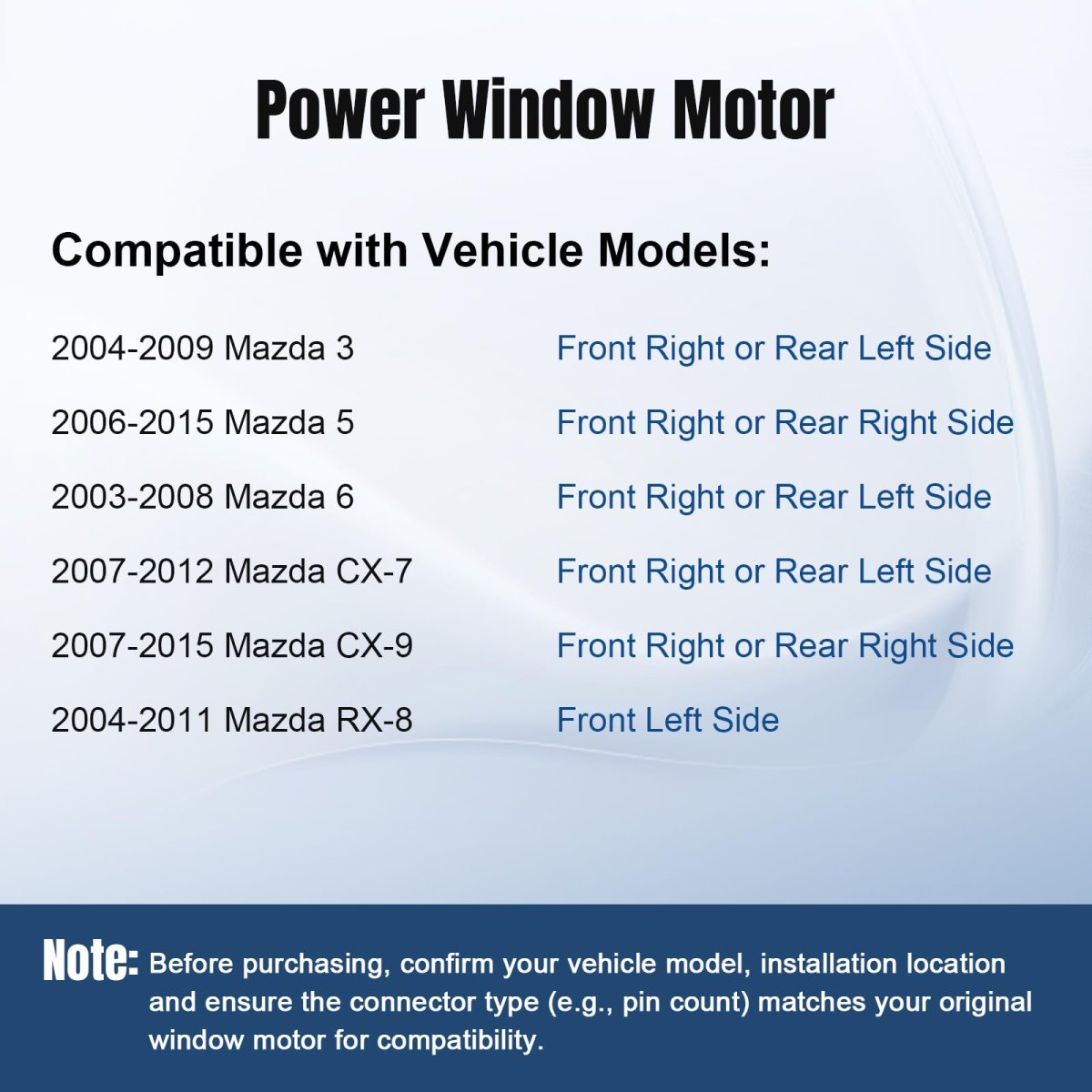 Front Passenger Side Power Window Lift Motor For Mazda 3 Cx-7 5 6 Cx-9 Rx-8 2003-2015 Part Number 742-802