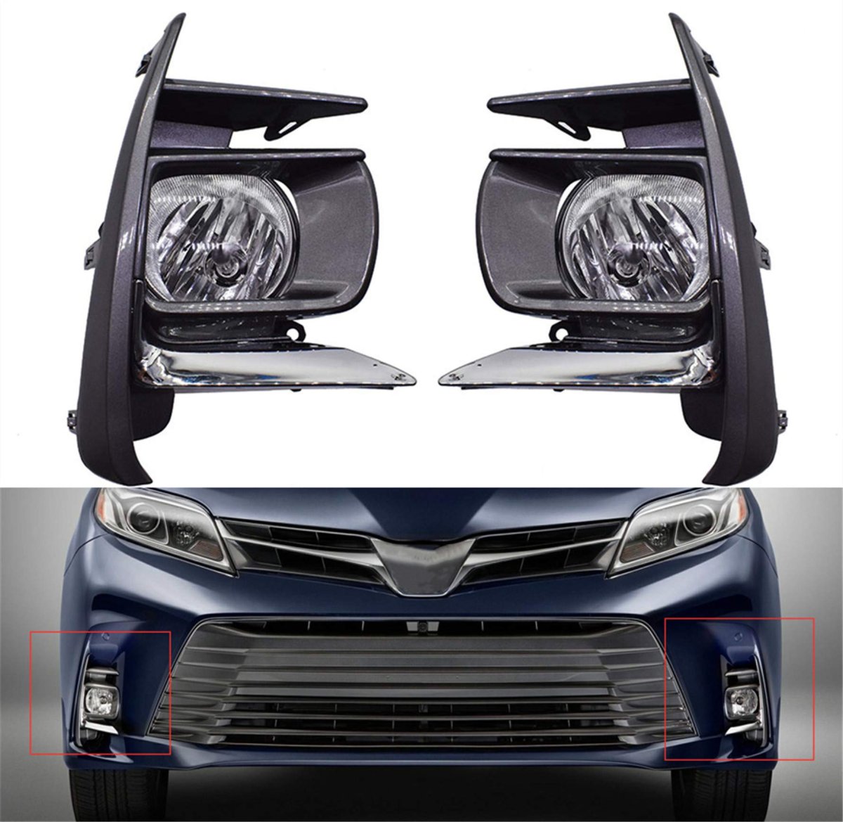 Fog Light Lamp Assembly Passenger And Driver Side Replacement For Sienna Base L Le Se Xle Limited 2018-2019 With Bulbs Front
