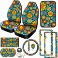 Tallew 12 Pcs Abstract Hippie Flower Car Accessories Set Seat Covers Steering Wheel License Frames With Armrest Cover Belt Cup 