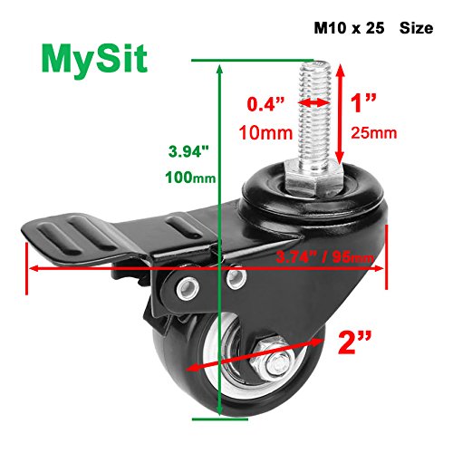 MySit 2" Casters with Brake Lock Threaded Stem Bolt M10x25 Heavy Duty... 